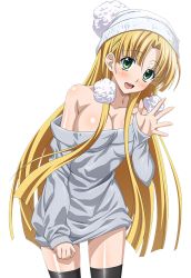 Rule 34 | 10s, 1girl, asia argento, black thighhighs, blonde hair, breasts, cleavage, collarbone, dress shirt, green eyes, hat, high school dxd, large breasts, long hair, looking at viewer, off shoulder, open mouth, shirt, solo, thighhighs, transparent background