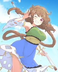 Rule 34 | 1girl, ass, blue dress, blush, breasts, brown eyes, brown hair, circlet, cowboy shot, detached sleeves, dress, green dress, grin, long hair, medium breasts, monkey tail, multicolored clothes, multicolored dress, one eye closed, short twintails, single detached sleeve, smile, solo, son biten, tail, tanasuke, test tube, touhou, twintails, white sleeves, yellow dress