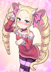 Rule 34 | 1girl, :&lt;, alternate costume, animal ears, beatrice (re:zero), bell, blonde hair, blue eyes, blush, cat ears, cat girl, cat tail, collar, commentary request, detached sleeves, drill hair, frilled shirt, frills, hair ribbon, horizontal-striped thighhighs, long hair, looking at viewer, neck bell, paw pose, pink background, pink pupils, pink ribbon, pink socks, purple socks, re:zero kara hajimeru isekai seikatsu, red collar, red shirt, ribbon, s (hdru2332), shirt, socks, standing, symbol-shaped pupils, tail, thighhighs, twin drills, twintails, two-tone socks