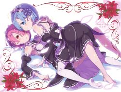 Rule 34 | 10s, 2girls, all fours, backless dress, backless outfit, barefoot, blue eyes, blue hair, breasts, character name, cleavage, detached sleeves, dress, frills, hair over one eye, hair ribbon, highres, korean text, lace-trimmed sleeves, lace trim, looking at viewer, lying, maid, multiple girls, novel illustration, official art, on stomach, pantyhose, pink hair, purple ribbon, ram (re:zero), re:zero kara hajimeru isekai seikatsu, red eyes, rem (re:zero), ribbon, short hair, siblings, sisters, small breasts, twins, white legwear