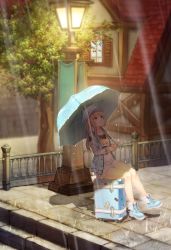 Rule 34 | 1girl, absurdres, artoria pendragon (all), artoria pendragon (fate), player character (mabinogi), bad id, bad pixiv id, banner, bare legs, blonde hair, blue umbrella, building, character request, commentary, fate/stay night, fate (series), goyain, hat, highres, holding, holding umbrella, jacket, lamppost, long hair, long sleeves, looking up, mabinogi, open clothes, open jacket, outdoors, pavement, pink skirt, pleated skirt, purple eyes, railing, rain, saber (fate), shade, sitting, sitting on object, skirt, sticker, suitcase, sunlight, travel, tree, umbrella, under umbrella