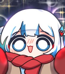 Rule 34 | 1girl, :3, :d, blue eyes, chibi, eiul, gawr gura, highres, hololive, hololive english, looking at viewer, meme, open mouth, pov cheek warming (meme), red scarf, scarf, smile, solo, virtual youtuber, white hair