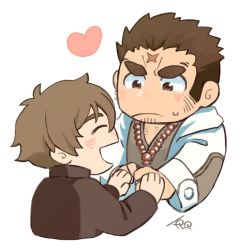 Rule 34 | 2boys, blush, brown hair, chest hair, chibi, couple, cropped torso, cross scar, facial hair, holding hands, harada (basashi), heart, houzouin oniwaka, jacket, japanese clothes, kimono, long sideburns, looking at another, male focus, protagonist 4 (housamo), mature male, multiple boys, open clothes, open jacket, open kimono, scar, scar on face, scar on forehead, short hair, sideburns, stubble, thick eyebrows, tokyo houkago summoners, yaoi