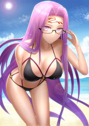 Rule 34 | 1girl, adjusting eyewear, bare shoulders, beach, bikini, black bikini, blue sky, breasts, cleavage, closed mouth, collarbone, day, facial mark, fate/stay night, fate (series), forehead, forehead mark, glasses, highres, large breasts, leaning forward, long hair, looking at viewer, medusa (fate), medusa (rider) (fate), minami koyogi, o-ring, parted bangs, photoshop (medium), purple eyes, purple hair, sky, solo, square pupils, sunlight, swimsuit, thighs, very long hair