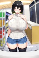 Rule 34 | 1girl, bare shoulders, black hair, blonde hair, blue nails, blush, breasts, closed eyes, convenience store, denim, denim shorts, hand on own face, highres, huge breasts, large breasts, multicolored hair, nail polish, open mouth, original, ribbed sweater, shidaidaka, shop, short hair, short shorts, shorts, skindentation, sleeveless, sleeveless turtleneck, solo, standing, sweatdrop, sweater, thigh gap, thighhighs, thighs, turtleneck, two-tone hair