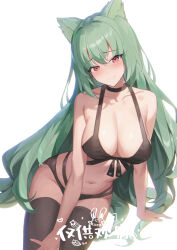 Rule 34 | 1girl, bare shoulders, blush, breasts, cleavage, green hair, henz, highres, large breasts, leaning to the side, long hair, navel, original, red eyes, smile, solo, stomach, swimsuit, thighhighs, thighs, very long hair