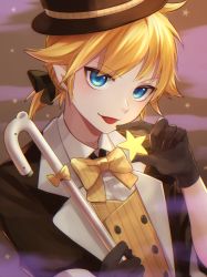 Rule 34 | 1boy, black gloves, black hat, black suit, blonde hair, blue eyes, bow, bowtie, cane, commentary, formal, gloves, glowing, hair tie, hat, highres, holding, holding cane, holding star, kagamine len, looking at viewer, male focus, night, night sky, project diva (series), short ponytail, sky, smile, solo, soramame pikuto, star (symbol), starry background, suit, tongue, tongue out, tricker (module), upper body, vest, vocaloid, yellow bow, yellow bowtie, yellow vest, yumekui shirokuro baku (vocaloid)