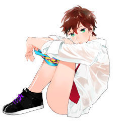 Rule 34 | 1boy, brown hair, commentary request, dress shirt, full body, green eyes, knees up, legs together, looking at viewer, male focus, male underwear, male underwear pull, messy hair, necktie, no pants, original, see-through, shirt, shoes, sitting, sleeves rolled up, sneakers, solo, tmku, underwear
