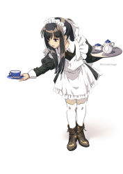 Rule 34 | 1girl, apron, artist name, black dress, black hair, boots, brown eyes, brown footwear, commentary request, cup, dress, highres, ichimi renge, leaning forward, long hair, maid, maid headdress, open mouth, original, outstretched arm, pantyhose, ponytail, ribbon, saucer, simple background, solo, teacup, teapot, tray, white apron, white background, white pantyhose