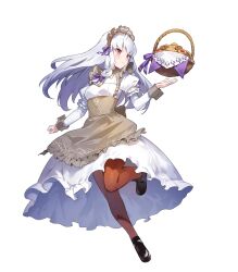 Rule 34 | 1girl, alternate costume, amagasa yun, apron, basket, blush, braid, breasts, closed mouth, cookie, dress, fire emblem, fire emblem: three houses, fire emblem heroes, floating, floating object, food, frills, full body, hair ornament, highres, legs up, long skirt, long sleeves, lysithea von ordelia, maid, maid headdress, nintendo, non-web source, official art, pantyhose, puffy sleeves, red eyes, shoes, skirt, small breasts, smile, solo, transparent background, twin braids, wrist cuffs