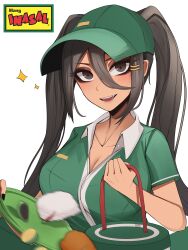 Rule 34 | 1girl, absurdres, baseball cap, breasts, cleavage, collared shirt, food, green hat, green shirt, grey eyes, grey hair, hair between eyes, hair ornament, hairclip, hat, highres, holding, holding plate, large breasts, long hair, medium breasts, mikuneki, motion blur, original, parted lips, plate, product placement, rice, shirt, short sleeves, solo, sparkle, tan, upper body