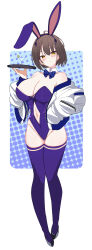 Rule 34 | 1girl, absurdres, ahoge, animal ears, azur lane, baltimore (azur lane), bare shoulders, black footwear, blue bow, blue bowtie, blue leotard, blue thighhighs, blush, bow, bowtie, braid, breasts, brown hair, cleavage, clothing cutout, collarbone, commentary request, cup, detached collar, drinking glass, earrings, fake animal ears, french braid, full body, gluteal fold, groin, hair between eyes, hair ornament, hairclip, hand in pocket, hand up, head tilt, high heels, highleg, highleg leotard, highres, holding, holding tray, jacket, jewelry, large breasts, leotard, londom (lonhomewell), long sleeves, looking at viewer, navel, navel cutout, off shoulder, open clothes, open jacket, partial commentary, plaid, plaid bow, plaid bowtie, playboy bunny, rabbit ears, short hair, sidelocks, skindentation, smile, solo, standing, strapless, strapless leotard, stud earrings, thighhighs, tray, white jacket, yellow eyes