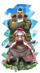 Rule 34 | 2boys, animal ears, bara, beret, boots, braid, brown fur, brown jacket, collared shirt, crossed arms, curtsey, dog boy, dog ears, dress, fang, flower, flower ornament, furry, furry male, hat, height difference, high ponytail, highres, jacket, jacket on shoulders, leaf, long hair, looking at viewer, male focus, mole, mole under eye, multiple boys, multiple scars, muscular, muscular male, neck fur, official alternate costume, pink flower, pink fur, pink jacket, scar, scar on face, shirt, signature, single braid, tanetomo (housamo), thick eyebrows, tokyo houkago summoners, trap, tsuroe, white shirt, yasuyori (housamo)
