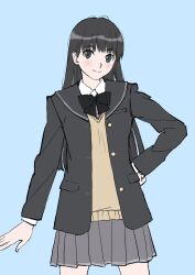 Rule 34 | 1girl, amagami, ayatsuji tsukasa, black eyes, black hair, blue background, highres, long sleeves, school uniform, smile, warder2013