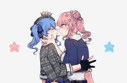 Rule 34 | 2girls, anemachi, blue hair, blue jacket, blush, closed eyes, gloves, hair ornament, hand on another&#039;s cheek, hand on another&#039;s face, highres, hololive, hoshimachi suisei, jacket, looking at another, multiple girls, okutorinno, partially fingerless gloves, pink hair, plaid, plaid shirt, ponytail, shirt, siblings, sisters, star (symbol), star hair ornament, virtual youtuber, white background, yuri