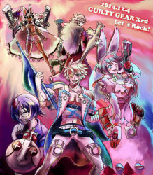 Rule 34 | 2boys, 3girls, bandeau, bedman, big hair, breasts, cleavage, clover, cross, cross necklace, dated, dress, dual wielding, elphelt valentine, english text, artistic error, eyepatch, flag, glasses, gloves, guilty gear, guilty gear xrd, gun, hair over one eye, hat, holding, jewelry, leo whitefang, long hair, looking at viewer, looking back, lucifero (guilty gear), multiple boys, multiple girls, muscular, necklace, one eye closed, open mouth, ramlethal valentine, round eyewear, sack, short shorts, shorts, sin kiske, sleeping, tagme, text focus, thigh strap, weapon, wedding dress, wink