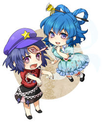 Rule 34 | 2girls, belt, blue eyes, blue hair, chibi, chinese clothes, dress, drill hair, fang, female focus, fingernails, flower, hair ornament, hair rings, hair stick, hand on own chin, hat, kaku seiga, leg ribbon, looking at viewer, mise yuzuki, miyako yoshika, multiple girls, no socks, ofuda, open mouth, outstretched arms, petticoat, puffy short sleeves, puffy sleeves, purple eyes, ribbon, short hair, short sleeves, simple background, skirt, star (symbol), touhou, zombie pose