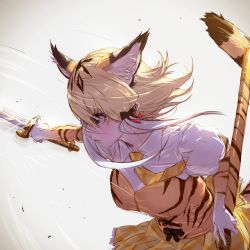 Rule 34 | 10s, 1girl, blonde hair, blue eyes, breasts, elbow gloves, gloves, highres, holding, holding sword, holding weapon, kemono friends, large breasts, looking away, necktie, sabre tiger (kemono friends), short hair, sword, takami masahiro, upper body, weapon, white hair