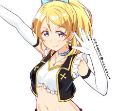 Rule 34 | 10s, 1girl, arm up, ayase eli, blonde hair, blue eyes, blush, choker, earrings, elbow gloves, gloves, idol, jewelry, looking at viewer, love live!, love live! school idol project, no brand girls, pendant, ponytail, short hair, simple background, skull573, solo, star (symbol), star earrings, white background, white gloves