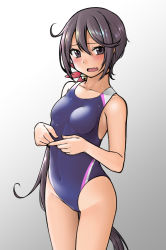Rule 34 | 1girl, akebono (kancolle), bell, blue one-piece swimsuit, breasts, collarbone, competition swimsuit, cowboy shot, fang, flower, gradient background, grey background, hair bell, hair flower, hair ornament, kantai collection, long hair, looking at viewer, one-piece swimsuit, open mouth, purple eyes, purple hair, side ponytail, skin fang, small breasts, solo, standing, swimsuit, very long hair, white background, yuki to hana