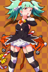 Rule 34 | 1girl, bat wings, biburi (precure), black dress, black panties, black sleeves, black thighhighs, bow, bowtie, breasts, brown background, brown eyes, candy, candy cane, checkered background, cosplay, covered navel, demon tail, detached sleeves, dress, earrings, finger to mouth, food, garter straps, green hair, half-closed eyes, half-dress, halloween, halloween costume, hatsune miku, hatsune miku (cosplay), highres, holding, holding behind back, jewelry, kirakira precure a la mode, looking at viewer, medium breasts, medium hair, panties, parted lips, precure, red bow, red bowtie, ryuuta (cure ryuuta), solo, standing, strapless, strapless dress, striped clothes, striped thighhighs, tail, thighhighs, twintails, underwear, vocaloid, wings