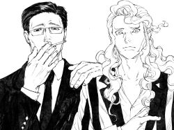 Rule 34 | 2boys, almostghost, arm wrestling, black hair, black necktie, black suit, blonde hair, cigarette, expressionless, formal, glasses, hair slicked back, hand on another&#039;s shoulder, highres, hinrigh biganduffno, holding, holding cigarette, hunter x hunter, ken&#039;i wang, long hair, long sleeves, looking at viewer, male focus, monochrome, multiple boys, necktie, short hair, simple background, smoking, striped suit, suit, upper body, wavy hair, white background