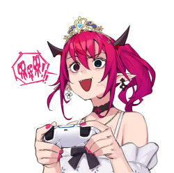 Rule 34 | 1girl, alternate costume, anger vein, blue eyes, controller, dasdokter, dress, game controller, heterochromia, highres, holding, holding controller, holding game controller, hololive, hololive english, horns, irys (hololive), long hair, multicolored hair, open mouth, pointy ears, purple eyes, purple hair, red hair, solo, virtual youtuber, white background