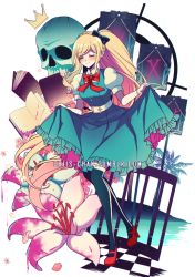 Rule 34 | 1girl, alternate color, belt, black bow, black thighhighs, blonde hair, blood, blush, book, bow, bowtie, checkered floor, closed eyes, collared shirt, commentary, criis-chan, crown, danganronpa (series), danganronpa 2: goodbye despair, dress, flower, frills, full body, green dress, hair bow, high heels, long hair, over-kneehighs, pink blood, puffy short sleeves, puffy sleeves, red bow, red bowtie, red footwear, shirt, short sleeves, skirt hold, skull, smile, solo, sonia nevermind, standing, symbol-only commentary, thighhighs, tumblr username, very long hair, white belt, white flower