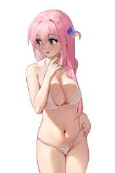 Rule 34 | 1girl, absurdres, bikini, blue eyes, bocchi the rock!, breasts, cleavage, commentary request, cube hair ornament, gotoh hitori, hair ornament, hand up, highres, large breasts, liwen520, long hair, navel, open mouth, pink hair, pulling own clothes, side ahoge, simple background, solo, stomach, straight hair, strap pull, swimsuit, white background, white bikini