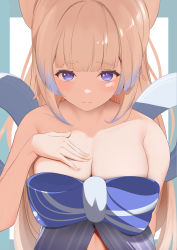 Rule 34 | 1girl, absurdres, bare shoulders, blue hair, blunt bangs, blush, bow, bowtie, breasts, cleavage, genshin impact, hair ornament, hand on own chest, highres, large breasts, looking at viewer, multicolored hair, pink hair, sangonomiya kokomi, solo, tokutokenzen, two-tone hair, upper body