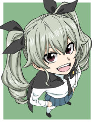Rule 34 | 10s, 1girl, anchovy (girls und panzer), anzio school uniform, bad id, bad pixiv id, black cape, black footwear, black necktie, blue skirt, bow, brown eyes, cape, drill hair, fang, foreshortening, from above, girls und panzer, green background, green hair, hair bow, hands on own hips, highres, loafers, looking at viewer, looking up, necktie, open mouth, pantyhose, perspective, school uniform, shoes, simple background, skirt, smile, solo, teeth, tongue, tuskryo, twin drills, twintails, upper teeth only