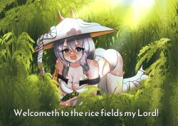 Rule 34 | 1girl, @ @, absurdres, ass, blush, bottle, breasts, chokilicious, cleavage, drooling, english text, goddess of victory: nikke, grey hair, hair between eyes, hat, highres, jingasa, large breasts, meme, mouth drool, nature, on ground, open mouth, rice paddy, sake bottle, saliva, scarlet (nikke), solo, thighhighs, tvfilthyfrank, welcome to the rice fields motherfucker (meme)
