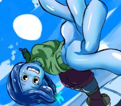 Rule 34 | 1girl, blue skin, colored skin, crossed legs, highres, looking at viewer, monster girl, ruby gillman: teenage kraken, ruby gillman (character), shorts, squid girl, standing, striped clothes, striped thighhighs, sweater, teeth, thighhighs