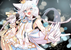 Rule 34 | 1girl, absurdres, animal ear fluff, animal ears, blush, braid, breasts, crown, extra ears, fang, fox ears, fox girl, fox shadow puppet, fox tail, gloves, green eyes, hair between eyes, highres, holding, holding microphone, hololive, hololive idol uniform, light particles, long hair, looking at viewer, matudo yuu, microphone, mini crown, open mouth, outstretched arm, shirakami fubuki, sidelocks, single braid, skin fang, small breasts, solo, tail, twin braids, virtual youtuber, white gloves, white hair