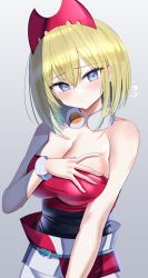 Rule 34 | 1girl, @ @, absurdres, bare shoulders, blonde hair, blue eyes, breast suppress, breasts, cleavage, closed mouth, commentary request, creatures (company), game freak, hair between eyes, hairband, hanasaka houcha, hand on own chest, highres, irida (pokemon), jewelry, large breasts, medium hair, neck ring, nintendo, pokemon, pokemon legends: arceus, red hairband, red shirt, shiny clothes, shirt, simple background, solo, strapless, strapless shirt, tube top, upper body