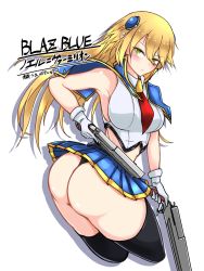 Rule 34 | 1girl, arc system works, ass, bare shoulders, blazblue, blonde hair, blush, breasts, capelet, dual wielding, ewig ul, gloves, green eyes, gun, hair ornament, highres, holding, huge ass, large breasts, long hair, looking at viewer, miniskirt, noel vermillion, shiny clothes, shiny skin, skirt, solo, thick thighs, thighhighs, thighs, thong, very long hair, weapon