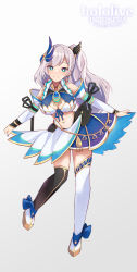 Rule 34 | 1girl, adapted costume, alternate costume, braid, braided bangs, breasts, bright pupils, cleavage, cleavage cutout, clothing cutout, copyright name, curtsey, feather hair ornament, gradient background, green eyes, hair ornament, highres, holding, holding clothes, holding skirt, hololive, hololive indonesia, idol clothes, kobi (piliheros2000), large breasts, looking at viewer, nail polish, navel, pavolia reine, purple hair, side ponytail, skirt, solo, stomach cutout, thighhighs, virtual youtuber, white pupils