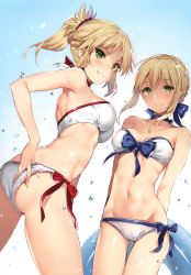 Rule 34 | 2girls, absurdres, armpit peek, arms behind back, artoria pendragon (all), artoria pendragon (fate), ass, bandeau, bare arms, bare shoulders, beads, bikini, blonde hair, blue bow, blue ribbon, blush, bow, bow bikini, braid, breasts, collarbone, cowboy shot, detexted, fate/apocrypha, fate/stay night, fate (series), french braid, from below, gluteal fold, gradient background, green eyes, grin, groin, hair beads, hair ornament, hair ribbon, hand under clothes, hand under swimsuit, highres, innertube, long hair, looking at viewer, looking down, medium breasts, mordred (fate), mordred (fate/apocrypha), multiple girls, navel, neck ribbon, ponytail, red bow, revision, ribbon, saber (fate), scan, side-tie bikini bottom, smile, swim ring, swimsuit, third-party edit, water drop, white bikini, yuran
