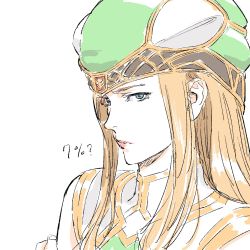 Rule 34 | 1girl, blue eyes, brown hair, freya (valkyrie profile), green hat, hat, highres, light frown, lips, long hair, looking at viewer, nazo no anime-dan, parted lips, pink lips, sanpaku, simple background, sketch, solo, upper body, valkyrie profile (series), white background