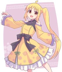 Rule 34 | 1girl, :d, black bow, blonde hair, blush, bocchi the rock!, bow, braid, breasts, brown eyes, china dress, chinese clothes, clothing cutout, dress, e20, frilled dress, frilled sleeves, frills, highres, ijichi nijika, long hair, long sleeves, looking at viewer, open mouth, outside border, purple background, shoulder cutout, side ponytail, sidelocks, small breasts, smile, solo, two-tone background, very long hair, white background, wide sleeves, yellow dress