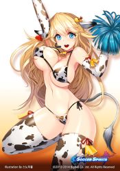 Rule 34 | 1girl, animal ears, animal print, arms up, bell, bikini, blonde hair, blue eyes, blush, bouncing breasts, breasts, cheerleader, choker, cow ears, cow print, cow print bikini, cow tail, cowbell, ear tag, elbow gloves, gloves, large breasts, long hair, mole, mumu (soccer spirits), navel, neck bell, open mouth, pom pom (cheerleading), print bikini, side-tie bikini bottom, simple background, smile, snowball22, soccer spirits, solo, swimsuit, tail, thighhighs, very long hair, water