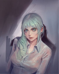 Rule 34 | 1girl, abstract background, dress shirt, green eyes, green hair, highres, long hair, looking at viewer, open mouth, original, shirt, since, solo, unbuttoned, unbuttoned shirt, wet, wet clothes
