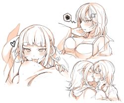 Rule 34 | 2girls, blush, bra, breasts, closed eyes, commentary, french kiss, gawr gura, hair ornament, heart, hololive, hololive english, kiss, large breasts, licking, licking breast, mitsumine (ookami no oyashiro), multiple girls, nipples, shark hair ornament, sharp teeth, spoken squiggle, squiggle, symbol-only commentary, teeth, tongue, tongue out, underwear, upper teeth only, virtual youtuber, watson amelia, yuri