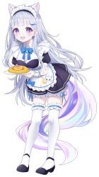 Rule 34 | 1girl, :d, alternate costume, animal ear fluff, animal ears, apron, ayatsuno yuni, black dress, black footwear, blue bow, bow, chobi (penguin paradise), collared dress, dress, enmaided, food, frilled apron, frilled thighhighs, frills, full body, grey hair, hair ornament, hairclip, highres, holding, holding plate, leaning forward, long hair, looking at viewer, maid, maid headdress, omelet, omurice, open mouth, plate, puffy short sleeves, puffy sleeves, purple eyes, shoes, short sleeves, simple background, smile, solo, standing, stellive, tail, thighhighs, very long hair, virtual youtuber, white apron, white background, white thighhighs