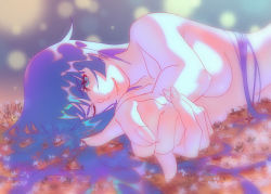 Rule 34 | 1girl, aqua eyes, armpit crease, bakemonogatari, blurry, blurry background, bow, breasts, collarbone, commentary request, eyelashes, film grain, flower, foreshortening, grass, long hair, looking at viewer, lying, medium breasts, monogatari (series), on ground, on side, one eye closed, outline, own hands together, pink outline, purple hair, rapa rachi, senjougahara hitagi, shadow, sidelocks, smile, solo, topless, underwear, upper body, white bow