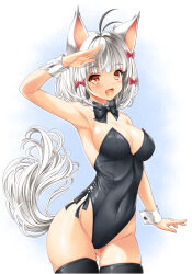 Rule 34 | 1girl, :d, animal ears, antenna hair, black bow, black thighhighs, blue background, bow, breasts, cleavage, collar, commentary request, covered navel, detached collar, grey hair, groin, hair bow, hair intakes, highres, kamiya tomoe, large breasts, leotard, looking at viewer, open mouth, original, playboy bunny, red bow, red eyes, smile, solo, strapless, strapless leotard, tail, thighhighs, white background, white collar, wing collar, wrist cuffs