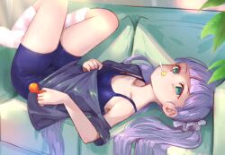 Rule 34 | 1girl, blue one-piece swimsuit, blunt bangs, breasts, candy, food, green eyes, hair ornament, hair scrunchie, holding, lollipop, long hair, looking at viewer, lying, mouth hold, on back, one-piece swimsuit, original, plant, purple hair, scrunchie, shirt, small breasts, socks, solo, swimsuit, swimsuit under clothes, tomamatto, very long hair