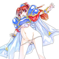 Rule 34 | 1girl, arle nadja, armor, blush, breastplate, cape, cleft of venus, eyes visible through hair, looking at viewer, madou monogatari, navel, open mouth, outstretched arms, panties, panty pull, pauldrons, ponytail, pussy, puyopuyo, red eyes, red hair, shoulder armor, simple background, solo, spread arms, tetsuwan woopie, underwear, white background, white cape