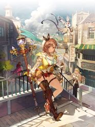 Rule 34 | 2boys, 2girls, absurdres, asymmetrical legwear, atelier (series), atelier ryza, atelier ryza 2, brown eyes, brown hair, creature, day, hair ornament, hat, highres, holding, holding staff, jewelry, klaudia valentz, lent marslink, long sleeves, looking at viewer, multiple boys, multiple girls, necklace, official art, outdoors, railing, red shorts, reisalin stout, short shorts, shorts, single thighhigh, skindentation, solo focus, staff, tao mongarten, thigh strap, thighhighs, thighs, toridamono, town, uneven legwear