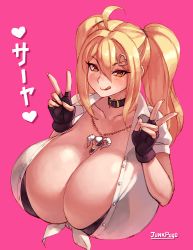 Rule 34 | 1girl, :q, blonde hair, borrowed character, breasts, character name, cleavage, commentary request, cropped torso, double v, fingerless gloves, gigantic breasts, gloves, highres, jewelry, junkpuyo, long hair, looking at viewer, necklace, original, pink background, saaya (kirome), simple background, skull necklace, solo, tongue, tongue out, twintails, v, virtual youtuber